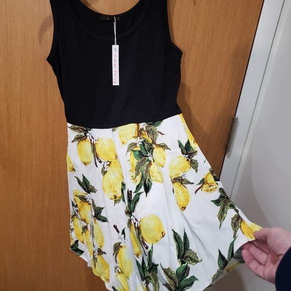 Simier Fariry, NWT, Sleeveless Tank Mini Fit & Flare Dress, Yellow Lemons/Black - Picture 14 of 16